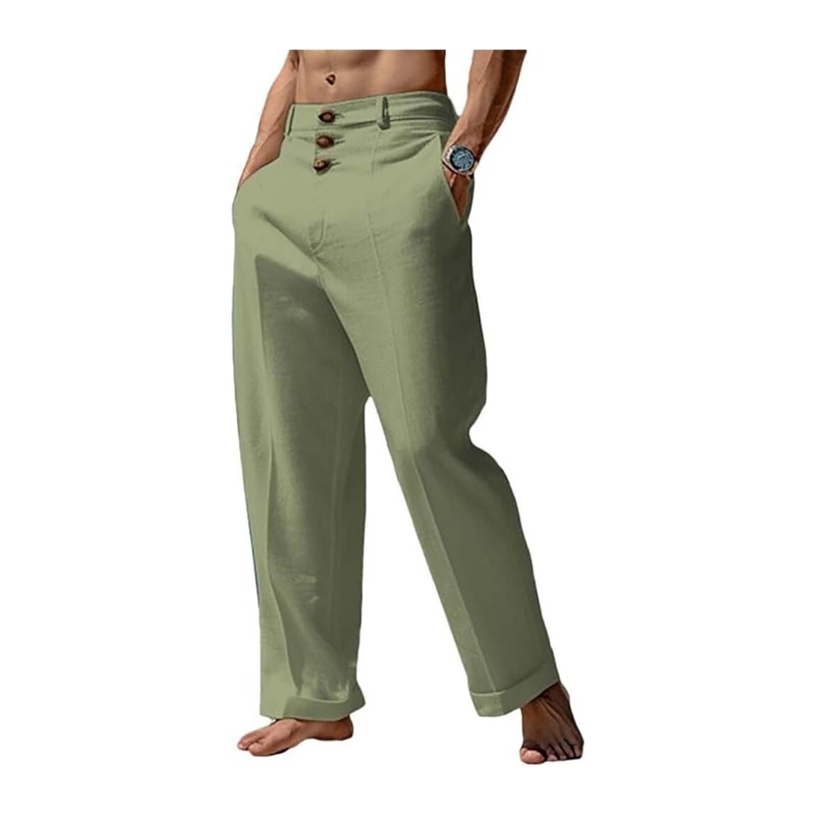 Pantalons élégants hommes coton lin ASIYAN vert grande taille 3XL