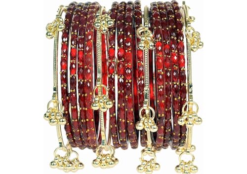 Image of Kashmiri Ghangharoo Glass Bangle Set for Women| Light Weight Bangles | Traditional Transparent Fancy Glass Chudi Set for Wedding, Party|Set Of 16(12 Glass + 4 ghungroo bangles)