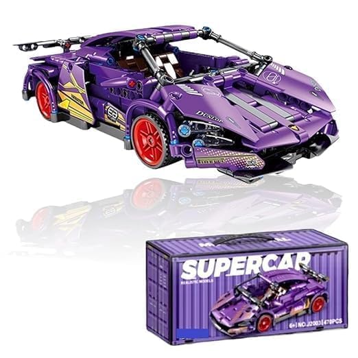 Image of 1:18 Scale Racing Car Building Block Set - Pull Back DIY Assembly Supercar Model | Compatible Bricks Toy for Kids, Adults, Collectors & Racing Car Lovers (Yellow Lamborghini) (Purple)