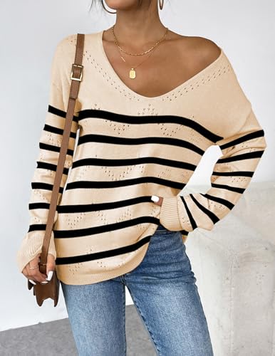 Zeagoo Fall Sweaters For Women Lightweight Striped Long Sleeve Sweaters Drop Shoulder Pullover Tops Apricot Sriped M thumb #3