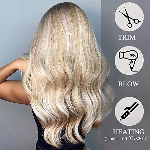 Esmee Long Wavy Ombre Blonde Wigs with Bangs for Women Natural Synthetic Hair Heat Resistant Ombre Wigs with Dark Roots for Daily Party Cosplay Use-24 Inches - Image 4