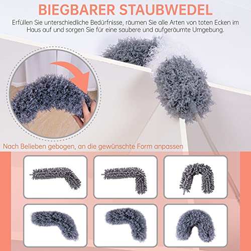 bemece 11-teiliges Staubwedel-Set, Teleskopstaubwedel mit ausziehbarer Stange bis 250 cm, ideal für das Reinigen von Decken, Ecken und Spinnweben - Grau