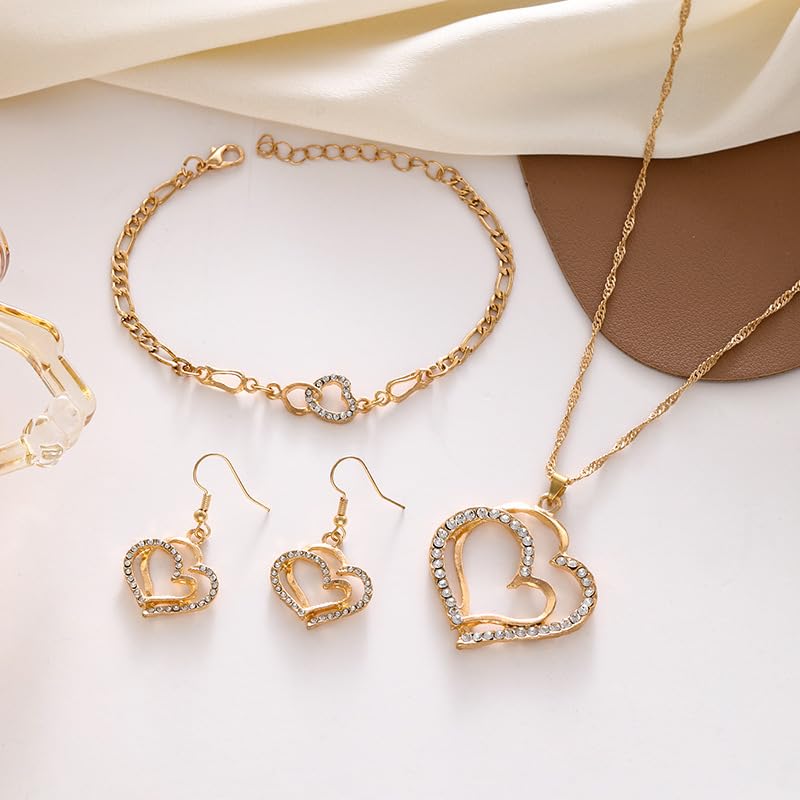 4PCS/Pack Luxury Double Heart Jewelry Set for Women, Hollow Big & Small Heart Crystal Zircon Necklace Earrings Bracelet Set, Elegant Gold Wedding Jewelry Valentine's Day Gifts - Image 5