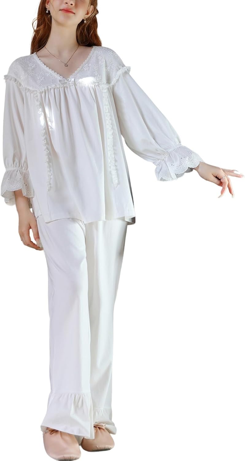 Women's Cotton Pajama Set 2 Piece Victorian Pjs Long Sleeve Pants Set Vintage Lace V Neck Lounge Set Frilly Sleepwear