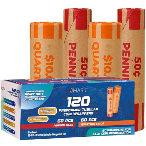 J Mark Burst Resistant Preformed Quarter & Penny Coin Roll Wrappers, Made in USA, 120 Count Penny/Quarter) Heavy Duty Cartridge-Style Coin Roller Tubes, Includes J Mark Coin Deposit Slip