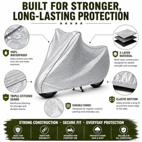 Image of Pivalo 100% Waterproof (Tested) Bike Body Cover for All Sports Bikes & Upto RE 350 Size | Multi-Layer Dustproof & UV Protected | All Weather Protection Two Wheeler Motorcycle Cover (XL, Silver)