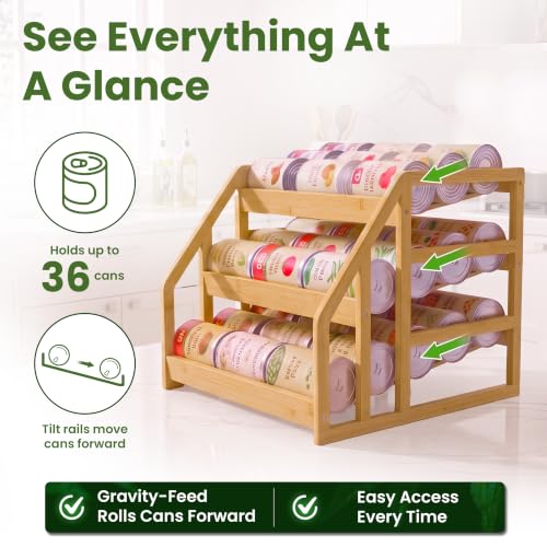HOMESTEAD-Bamboo-Can-Organizer-for-Pantry-3-Tier-Rack-with-Adjustable-Dividers-Gravity-Feed-Canned-Goods-Organizer-36-Cans-Soda-Storage