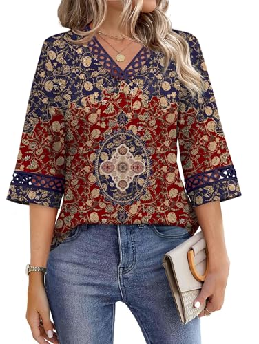Image of WIHOLL Womens Tops Eyelet Lace V Neck 3 /4 Bell Sleeve Blouses Dressy Casual Work Shirt 2026 Summer Fall Fashion Clothing