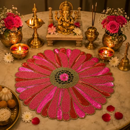 MFU - Made For You Round Beaded Table Placemat 14 Inches | Handmade Decorative Dining Mat | Charger Plate for Dining Table, Wedding, Party & Festive Decoration (Pack of 1)