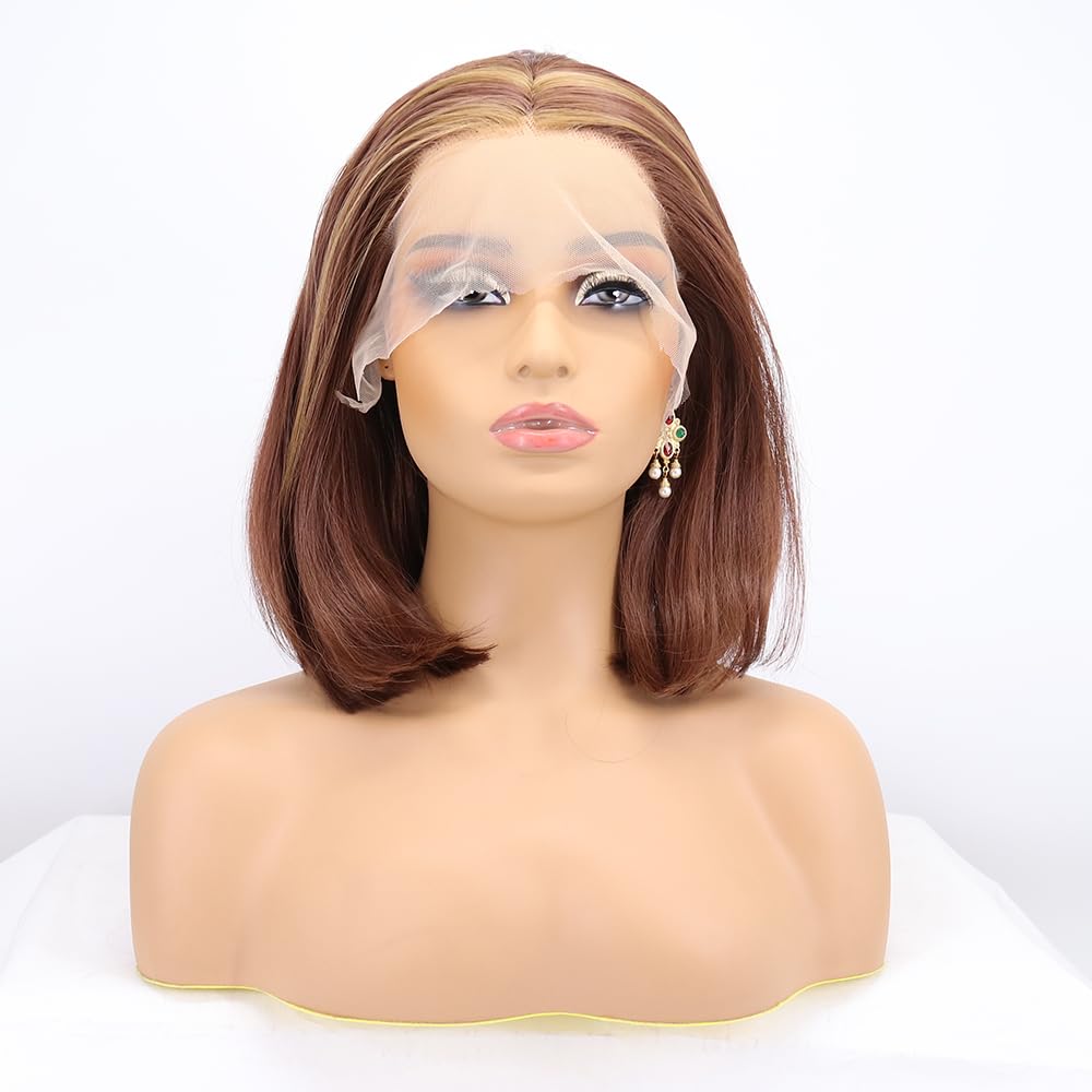 xiweiya Brown Short Wigs Blonde Highlight Brown Hair Synthetic Lace Front Wig Black Brown Color Bob Wig Middle Part Heat Resistant Fiber Hair for Women 14inch