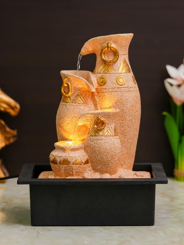 Image of Polyresin Sand & Golden Designer Table Top Jug Style Indoor 3 Steps Home Decor Water Fountain with Yellow LED Light & Water Flow Controller Pump (Size: 40 x 29.5 x 22CM | Weight: 2095grm)