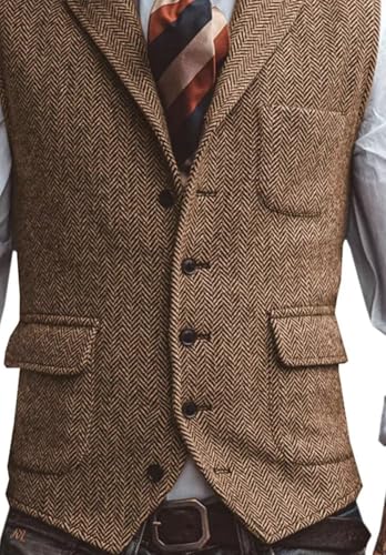 Mens Suit Vest Lapel Herringbone Tweed V Neck Waistcoat Business Formal Sleeveless Jacket2