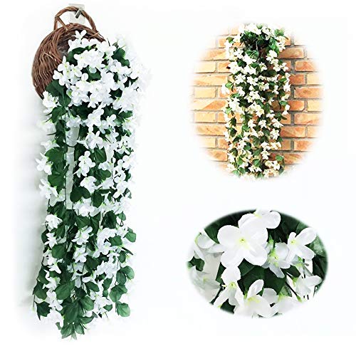 FUJIE 2 Piezas Artificiales De Colgantes Plantas Simulation Violet Flower Wisteria artificial para colgar con hojas verdes Decoración para Boda Fiesta - Blanco