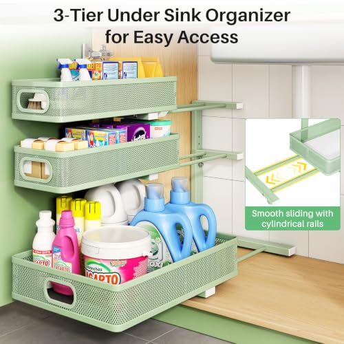 Image of Kitstorack Under Sink Organizer, 1-Pack 3-Tier Height Adjustable Thickened Metal Pull out Cabinet Organizer Shelf, Slide out Storage Drawer Rack for Bathroom Kitchen Pantry Home Organization, Green