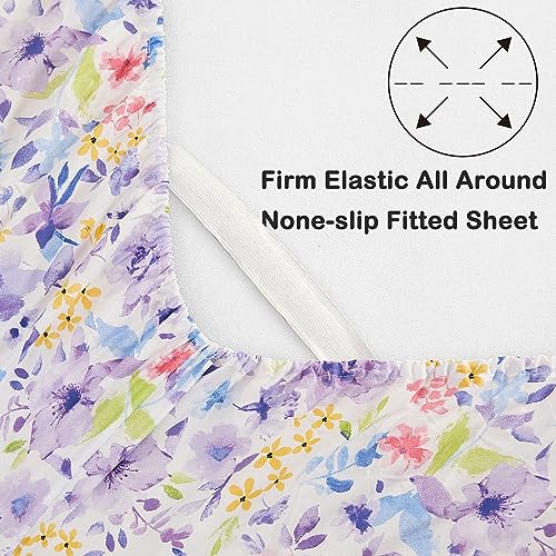 Image of Mooreeke Floral Full Sheets, Soft Breathable Microfiber Vintage Printed Bed Sheet Set, Deep Pocket Non-Slip Fitted Sheet Included, Purple Flower Pattern