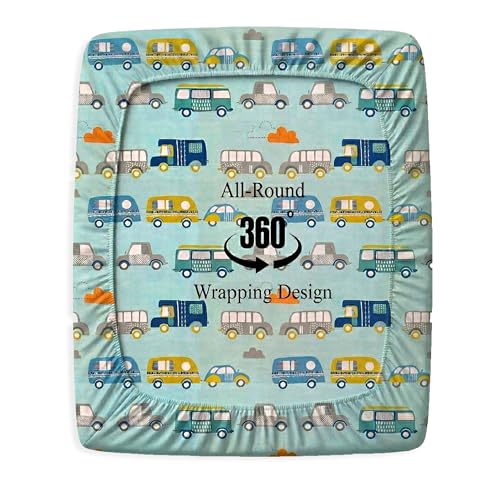 Image of VAS COLLECTIONS Single Bed Fitted Bedsheet 36x72+8 Inches with 1 Pillow Cover | 180 TC Microfiber Elastic Bed Sheet | Soft Breathable Cute Printed Design for Kids & Couples (Kid Bus Print)