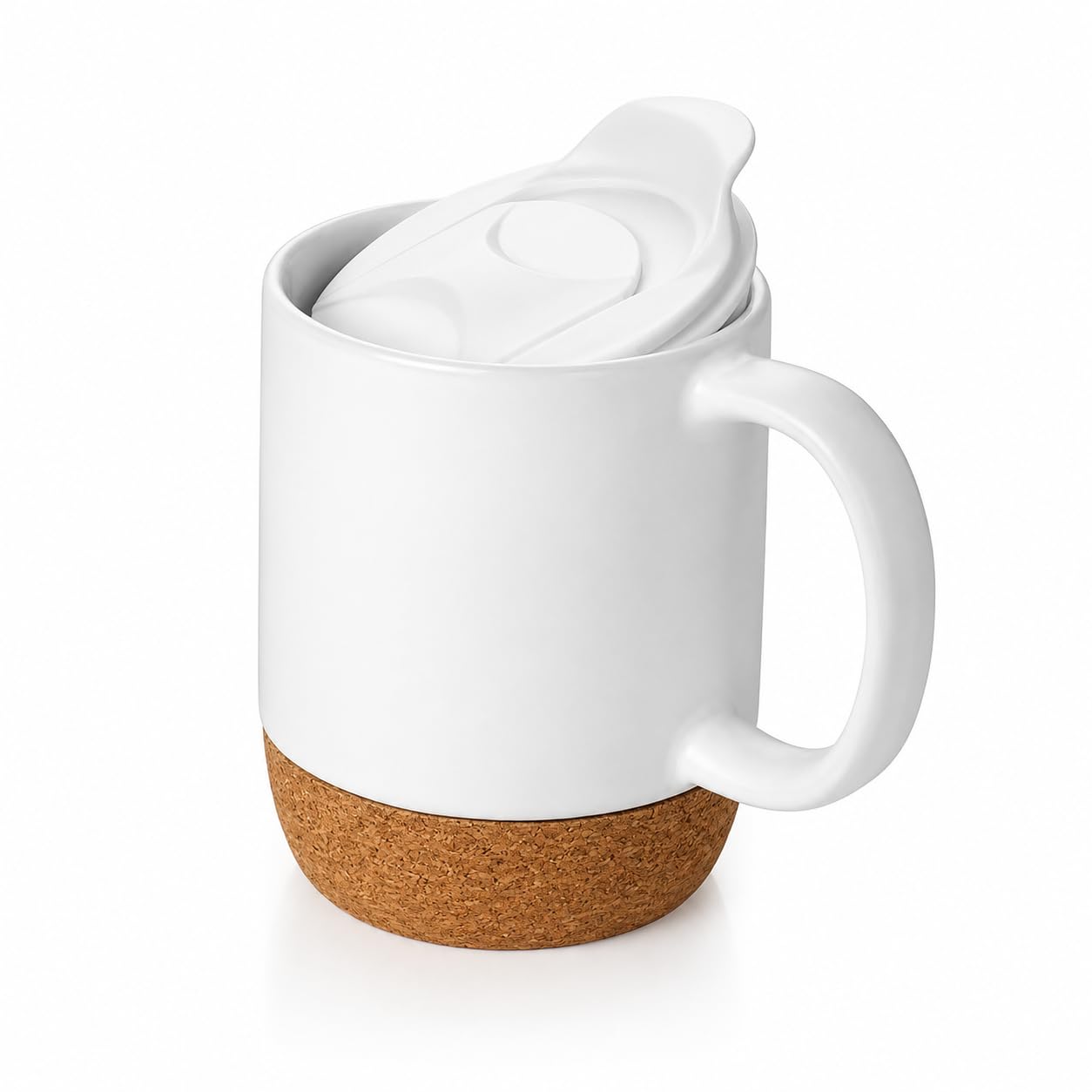 White Ceramic Coffee Mug with Lid & Removable Cork Base | Spill-Resistant Travel Mug | Matte Finish Tea Cup | Reusable Office Coffee Cup for Home, Office & Gifting | 400 ml