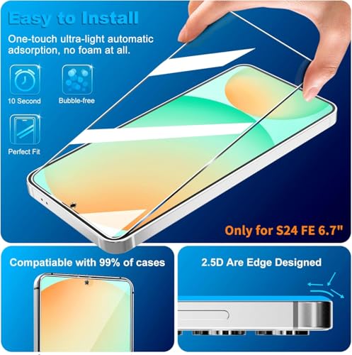Image of 3 Pack for Samsung Galaxy S24 FE Screen Protector Tempered Glass + 3 Pack Camera Lens Protector, Military Grade Shatterproof, 9H Hardness, Fingerprint Unlock, Case Friendly 6.7 Inch