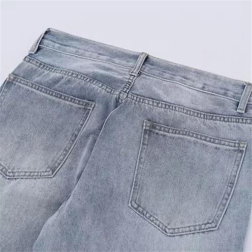Men’S High Street Trendy Hole Worn Loose Fit Straight Denim Pants Button Fly Midweight Distressed Full Length Jeans2