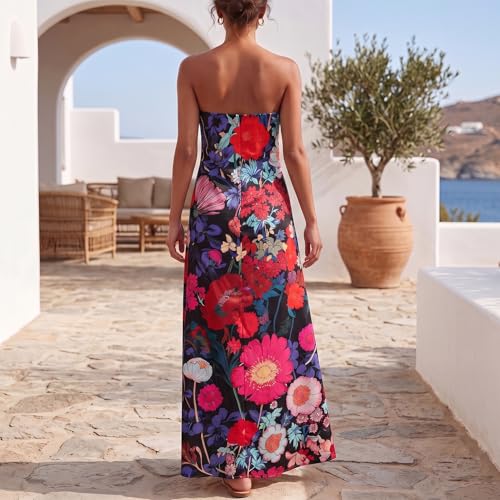 Image of Zwirelz Women Strapless Maxi Dress Boho Floral Print Flowy Long Tube Dress Off Shoulder Loose Beach Sundress