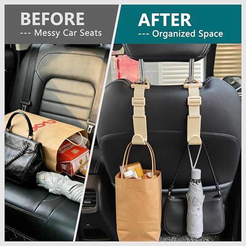 Image of Amooca 4 Pack Anti-drop Headrest Hooks Adjustable Car Seat Organizer | Universal Fit with Clip, Hanger for Backpack Umbrella Water Bottle Coat Purses Handbags Groceries, 40lb Heavy Duty, Beige