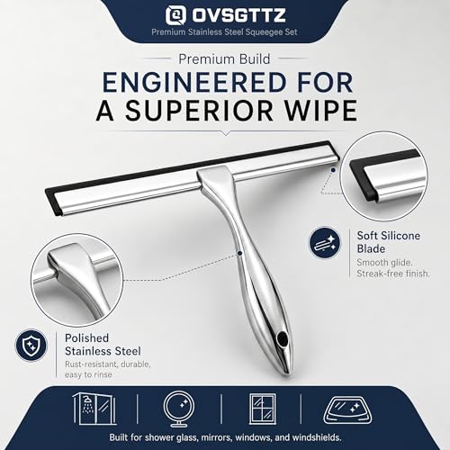 Image of Shower Squeegee for Glass Doors, Stainless Steel Bathroom Squeegee with 3 Kinds of Waterproof Adhesive Hooks, 10 Inch Window Mirror Tile Wall Car Glass Cleaner Tool, Streak-Free Silicone Blade