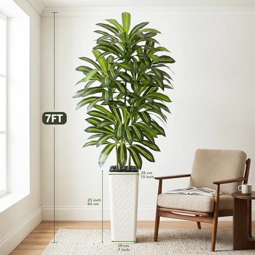 Image of Artificial Dracaena Tree Indoor, 7FT Tall Fake Floor Plants with White Planter & Pebbles, Faux Silk Yucca Tree for Home Office Living Room Bedroom Farmhouse Modern Outdoor Topiary Tree