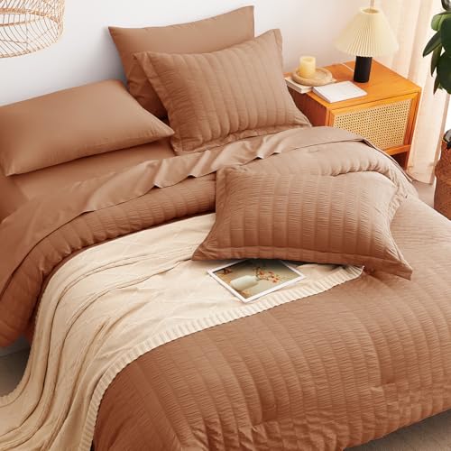 Image of CozyLux Full Size Comforter Sets Pumpkin, 7 Pieces Seersucker Textured Luxury Bed in a Bag, All Seasons Soft Bedding Sets with Down Alternative Comforter, Sheets, Pillowcases & Shams, Bedroom Bed Set