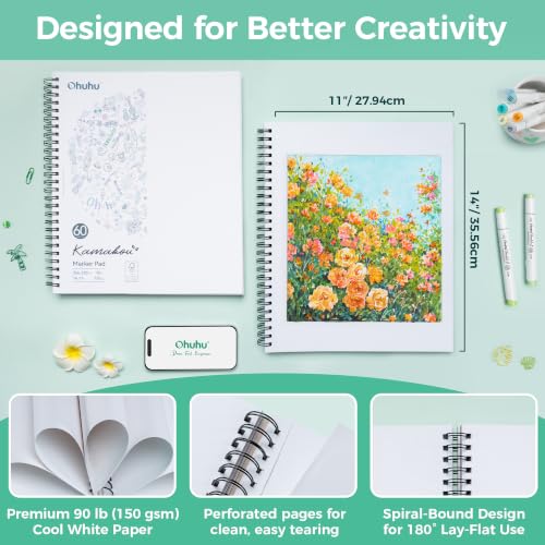 Image of Ohuhu Double-Sided Marker Pad Sketchbook Bleedproof - 11 inchx14 inch Large Paper Size - 90 LB /150 GSM Smooth Drawing Paper - 60 Sheets /120 Pages - Spiral Bound Sketching Book for Alcohol Markers