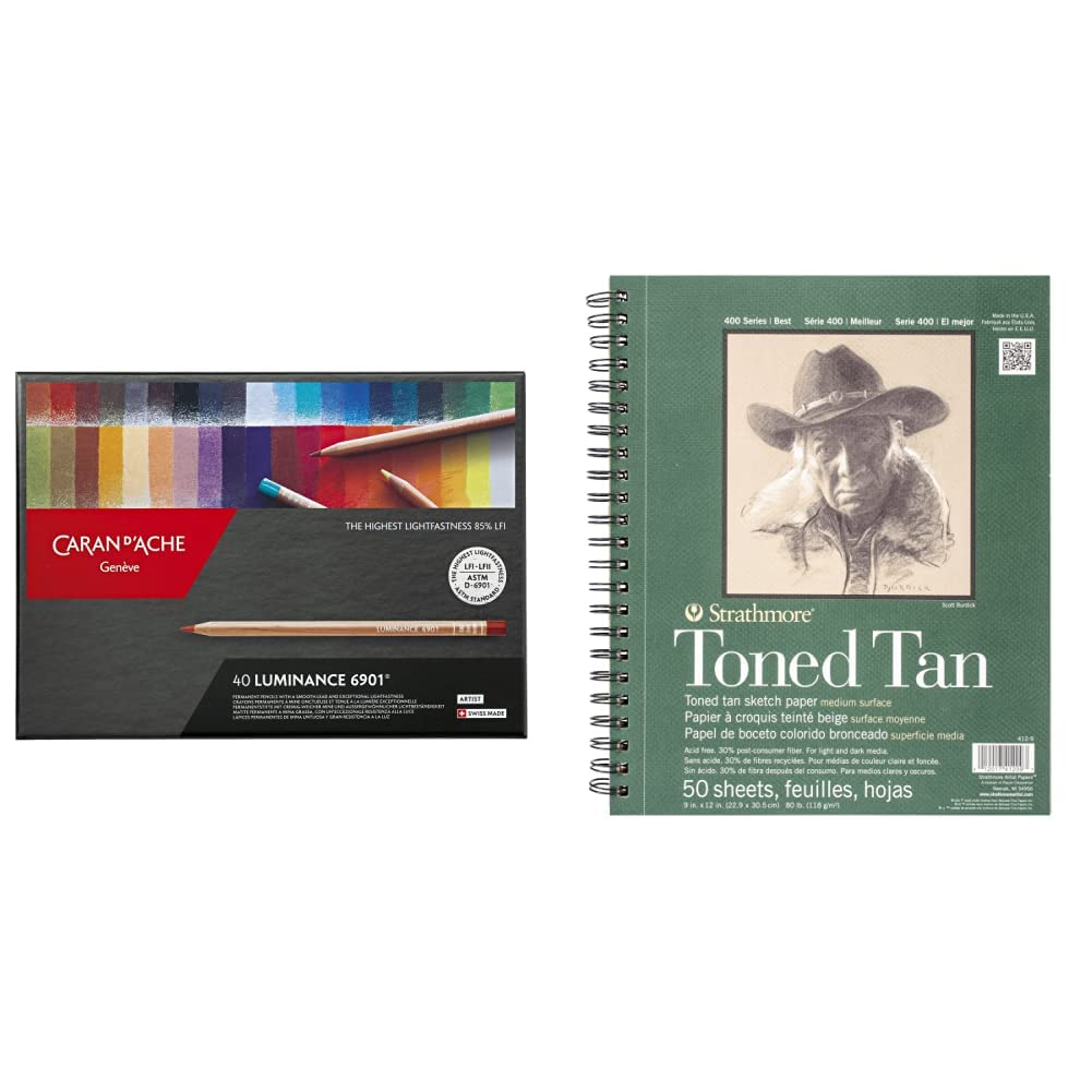 Caran d´Ache 6901.740 Artist Luminance 6901 Set aus 40 Stiften, 40 Stück (1er Pack) & Strathmore 400 Series Skizzenbuch, getönt, Hautfarben, 22,9 x 30,5 cm, drahtgebunden, 50 Blatt