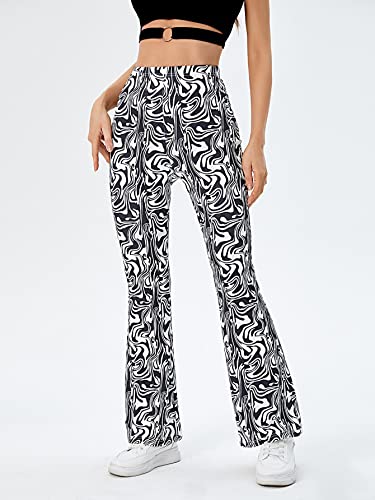 WDIRARA Women's Marble Print Elastic High Waist Flare Bell Bottom Pants4