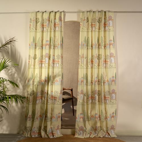 Image of Tranquebar Curtain Co. Window Curtains 5 Feet, 60-65% Room Darkening,Yellow Mughal Print, Cotton Curtains for Window, Cotton Curtains 5 Feet Long Set of 2, BackTab Loops,Agra (152 cm) - Set of 2
