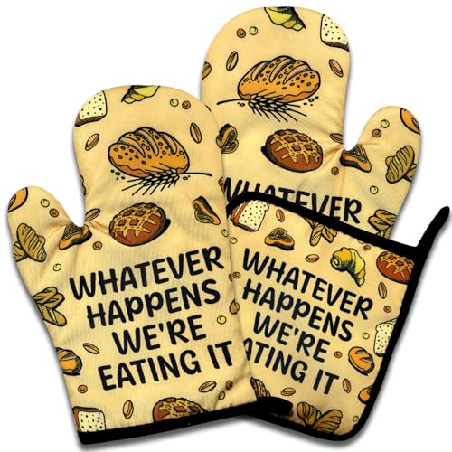 NAHMAKNE Funny Oven Mitts and Pot Holders Set of 3, Whatever Happens We're Eating It, Heat Resistant Non-Slip Kitchen Mitts Hot Pads, Humorous Baking Gifts, Birthday Gifts for Men Dad Husband Baker