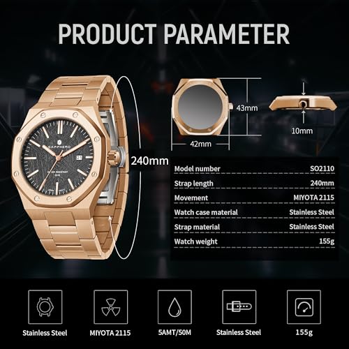 Image of Sapphero Watches for Men Waterproof Luminous Watches with Date Dial Chronograph Analog Quartz Movement Steel Stainless Business Wrist Watches Mens Gifts