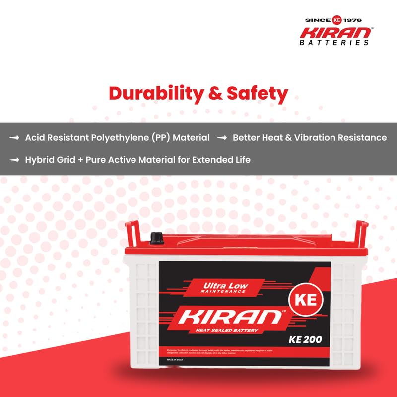 Image of KIRAN BATTERIES Commercial Battery | Advance Battery for Home, Office, Shop & Industrial Use | Long Backup & Low Maintenance High Performance | Leak Resistant | 60 Months Warranty (12V 200Ah)