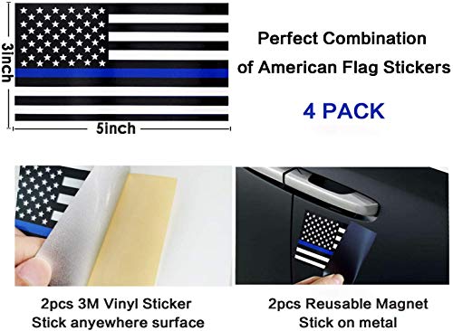 BOKA 4 Pack Thin Blue Line US Flag Decal Sticker, 3x5in Subdued American Flag Sticker Decal for Car Trucks, USA Flag Bumper Sticker, Support Police Law Enforcement,Non Fade,Reusable(2 Magnet&2 Vinyl)