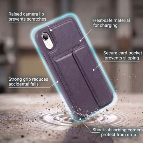 Image of amazon basics Luxury Vegan Leather Back Cover for iPhone XR | Built-in Card Holder Slot | Integrated Mobile Stand | Slim Shockproof Protective Case with Stitched Finish - Purple