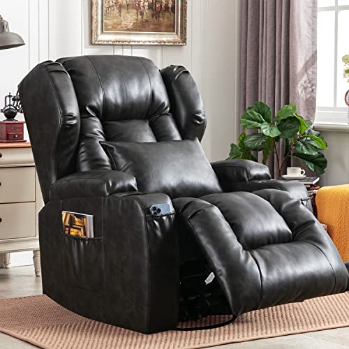 VUYUYU Manual Recliner Chair, Faux Leather 360 Degree Swivel Rocker Recliner Chairs for Living Room, Home Theater Single Sofa Seat with Drink Holders/Lumbar Pillow/Side Pockets (Black Grey)