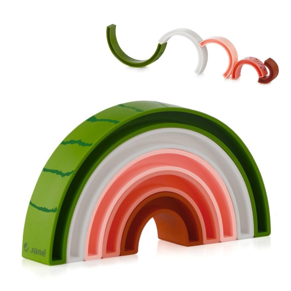 Jané Gioco Impilabile Silicone Bambino, Montessori Educativo, Forme e Colori, Motricità, Senza BPA, 1 2 3 Anni, Colore Watermelon