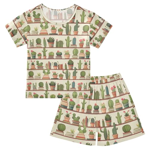 ALAZA Cactus on Bookshelf Pajama Set Short Sleeve Sleepwear Soft Lounge Nightwear