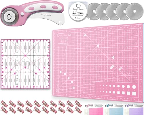 Honey's Heaven 45 mm Rollschneider Stoffschneider Set inkl. Schneideunterlage, Ersatzklingen, Stoffklammern, Patchwork-Lineal (Pink, Schneidematte im A4-Format)