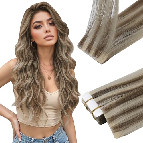 Image of Full Shine Injected Tape in Extensions Color Ash Brown Mixed Ash Blonde Natural Seamless Tape in Hair Extensions Human Hair 20Pcs 50g 24 Inch Silky Straight Skin Weft for Bridal Wedding Style