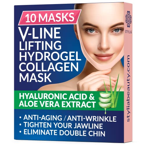 10 Piece V Line Shaping Face Masks â Double Chin Reducer - Lifting Hydrogel Collagen Mask with Aloe Vera â Anti-Aging and Anti-Wrinkle Band - Contouring, Slimming and Firming Face Lift Sheet