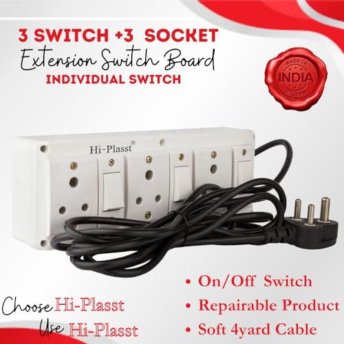 Image of Hi-Plasst 3+3 Pin Extension Board with 3 Switches & 3 Sockets, 6A, 4-Yard Long Cord - Wall-Mountable Power Hub for Home, Office, Diwali Lights, Christmas Decor & Kitchen Appliances