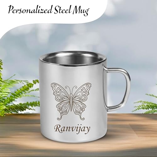 Image of SAVRI Personalized Stainless Steel Mug for Kids with Customized Name Engraved & Cartoon Design | 220 ml Double Wall Insulated Mug for School, Milk, Juice & Water (Butterfly)