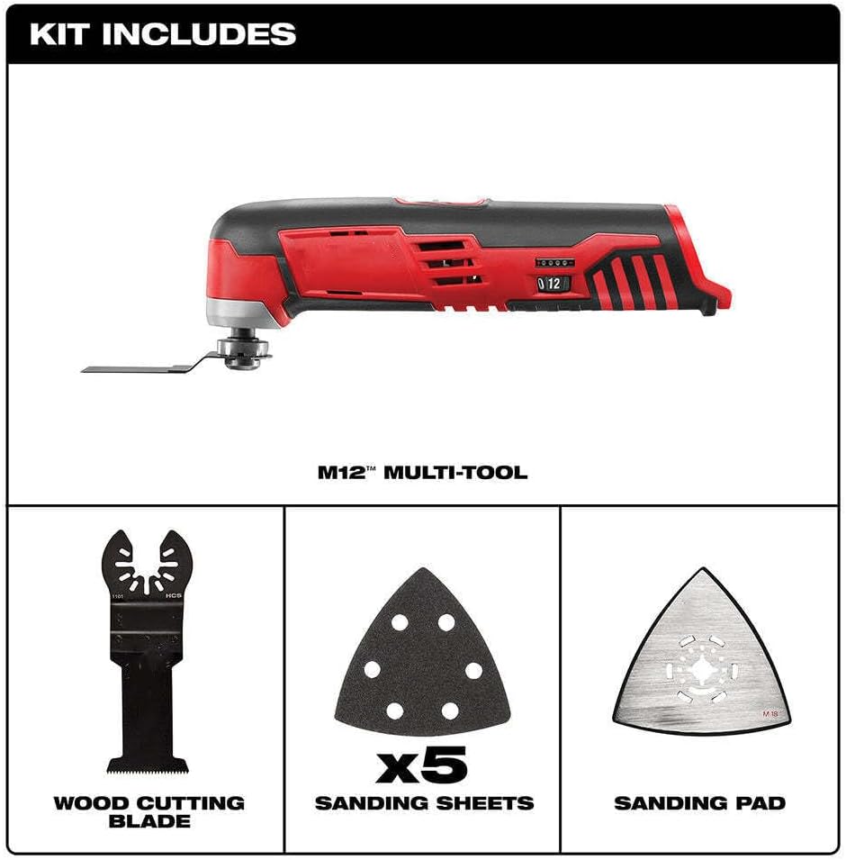 Multi-Tool, For Milwaukee 2426-20 M12 12V Multi-Tool w/Assorted Sanding Sheets (Size:10.8 x 3.8 x 3 in) - Bare Tool, Red,black