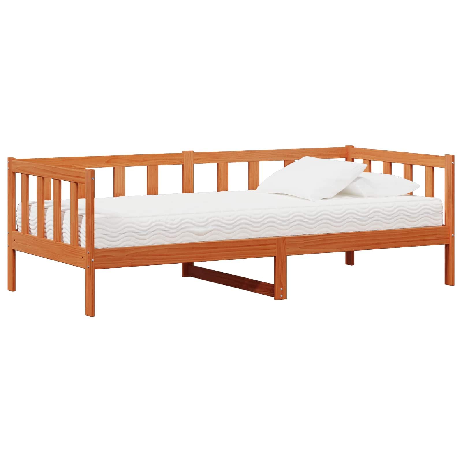 Cama de madera maciza de 90 x 200 cm en color marrón cera/blanco con colchón de 7 zonas y somier, sofá cama moderno para habitación juvenil, oficina en casa y habitación de invitados