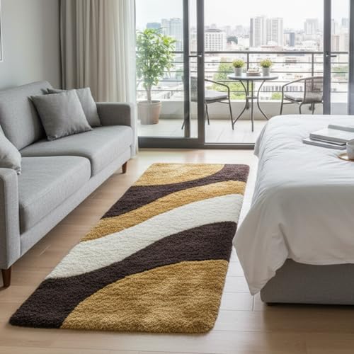 Vintage Threads 1.5x4 Feet Shaggy 3D Curved Carpet for Living Room & Bedroom | Soft Fluffy High Pile Area Rug | Modern Decorative Shag Rug for Home Décor Kids Room Lounge (Beige Wave)