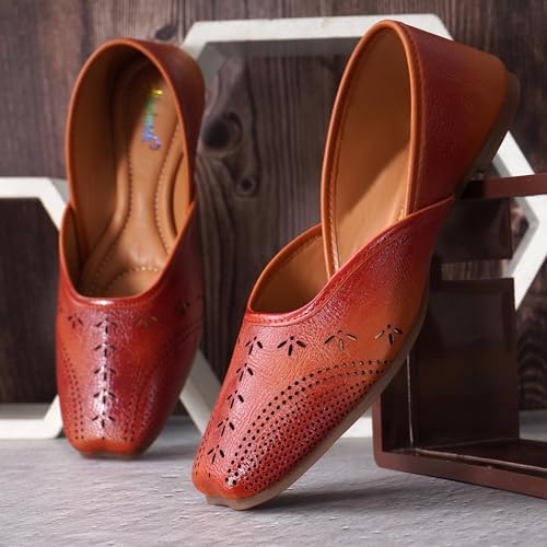 Image of Duosoft Women's Leather Ballet Flats, Black Perforated Design, Comfort Cushioned Insole, Slip-On Style Bellies Dw-201-Tan