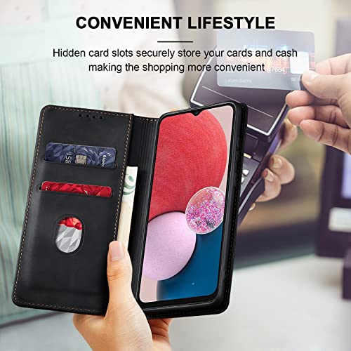 Image of Jasonyu Flip Wallet Case for Samsung Galaxy A13 5G /4G /Galaxy A04s,Leather Magnetic Folio Cover with Card Holder,Kickstand - TPU Shockproof Durable Protective Phone Case,Black